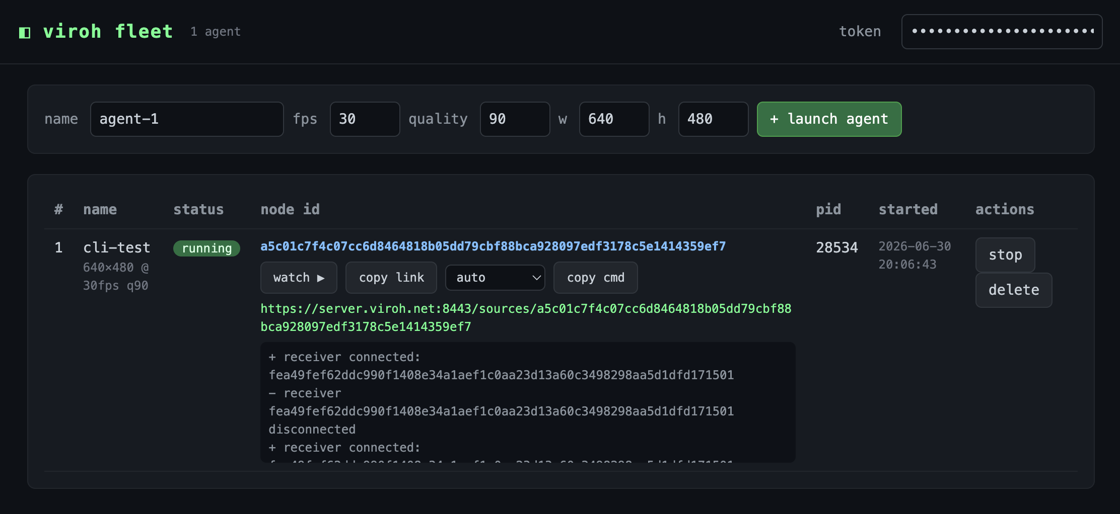 viroh fleet dashboard: a running agent with its node id, watch link, color selector, and live log tail