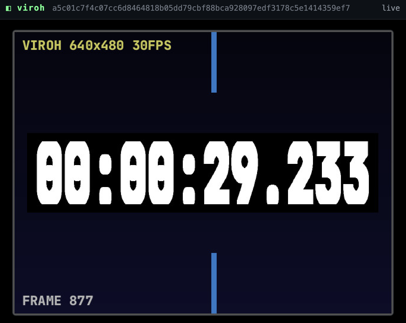 viroh browser player streaming a live 640×480 timecode video over iroh